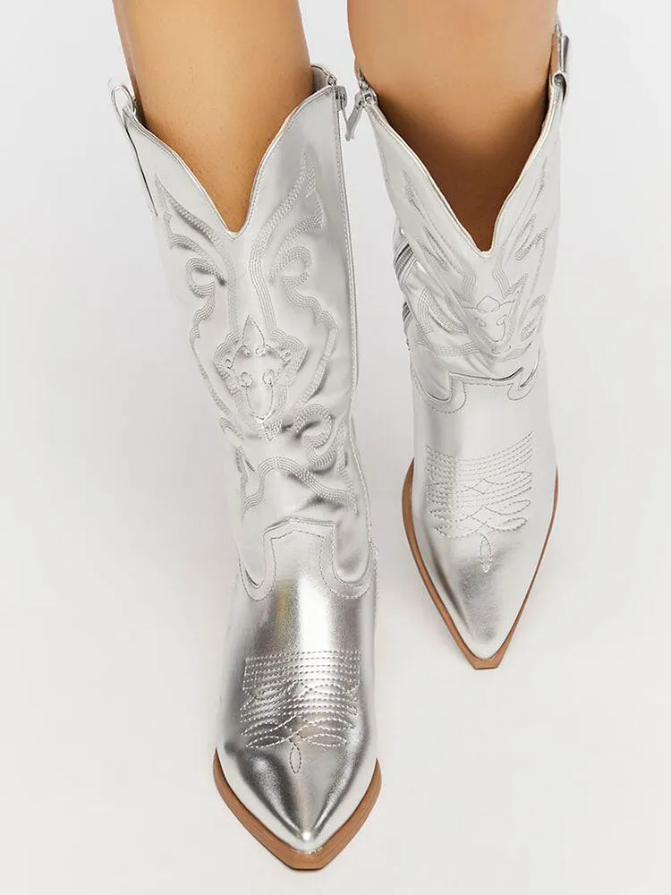 Metallic PU Leather Cowboy Boots
