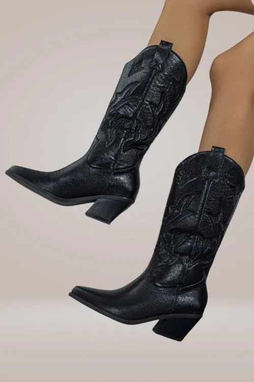 Mid-Calf Metallic Black Cowboy Boots