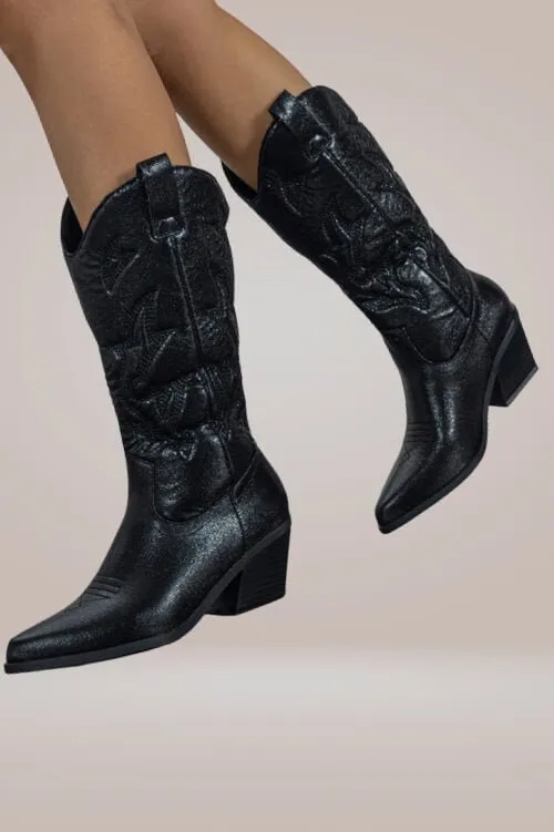 Mid-Calf Metallic Black Cowboy Boots