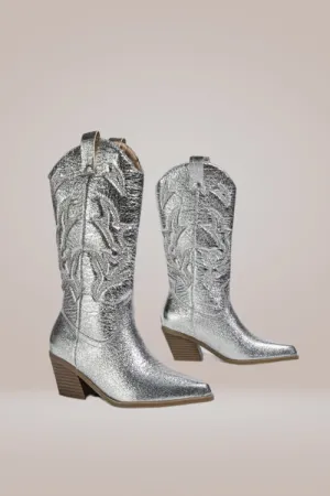 Mid Calf Metallic Silver Cowboy Boots