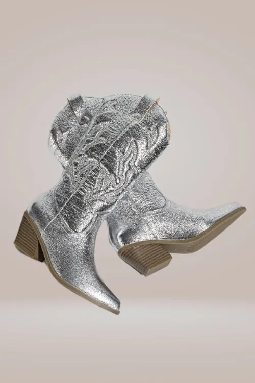 Mid Calf Metallic Silver Cowboy Boots