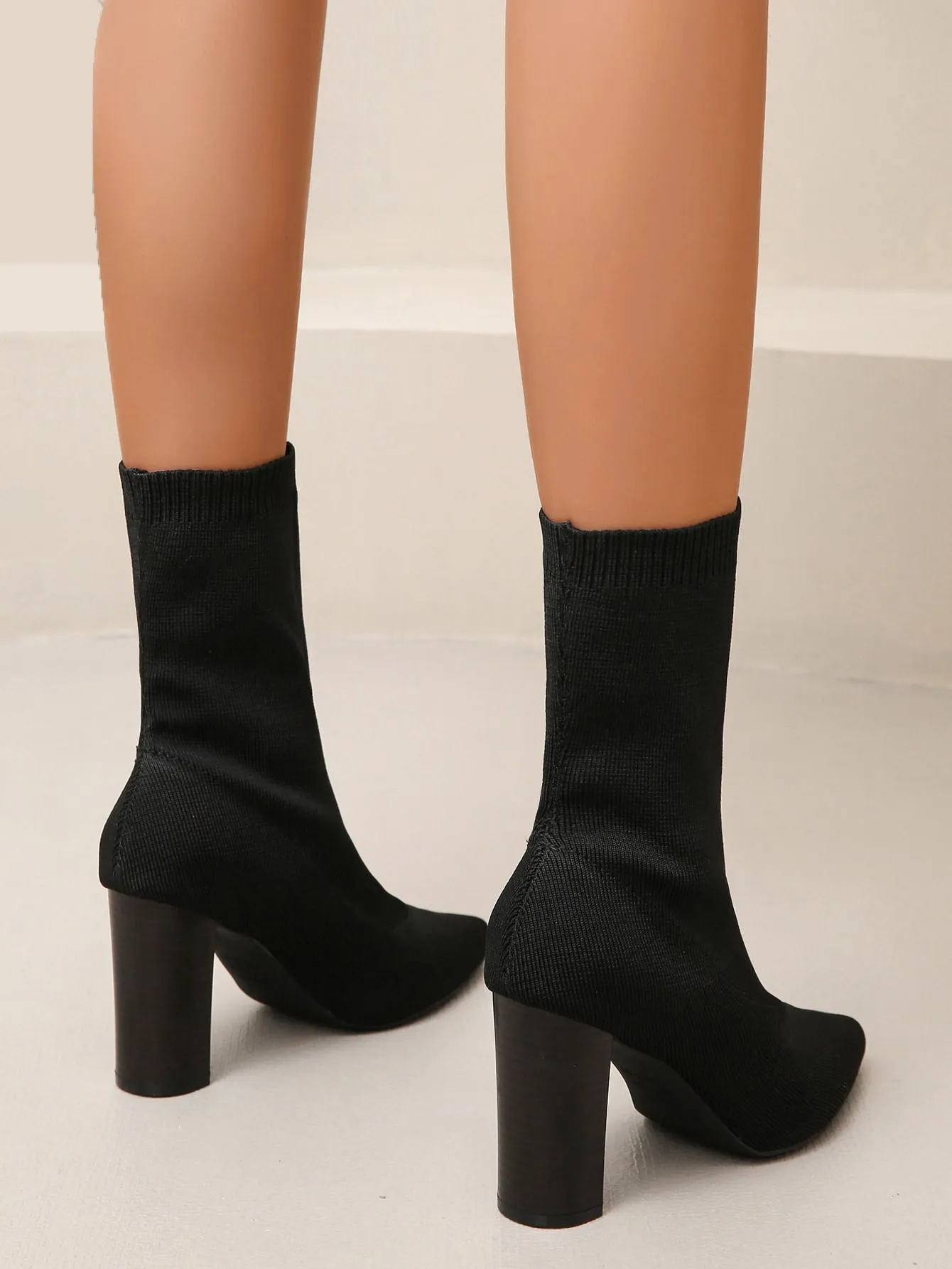 Minimalist Chunky Heeled Sock Boots - Black