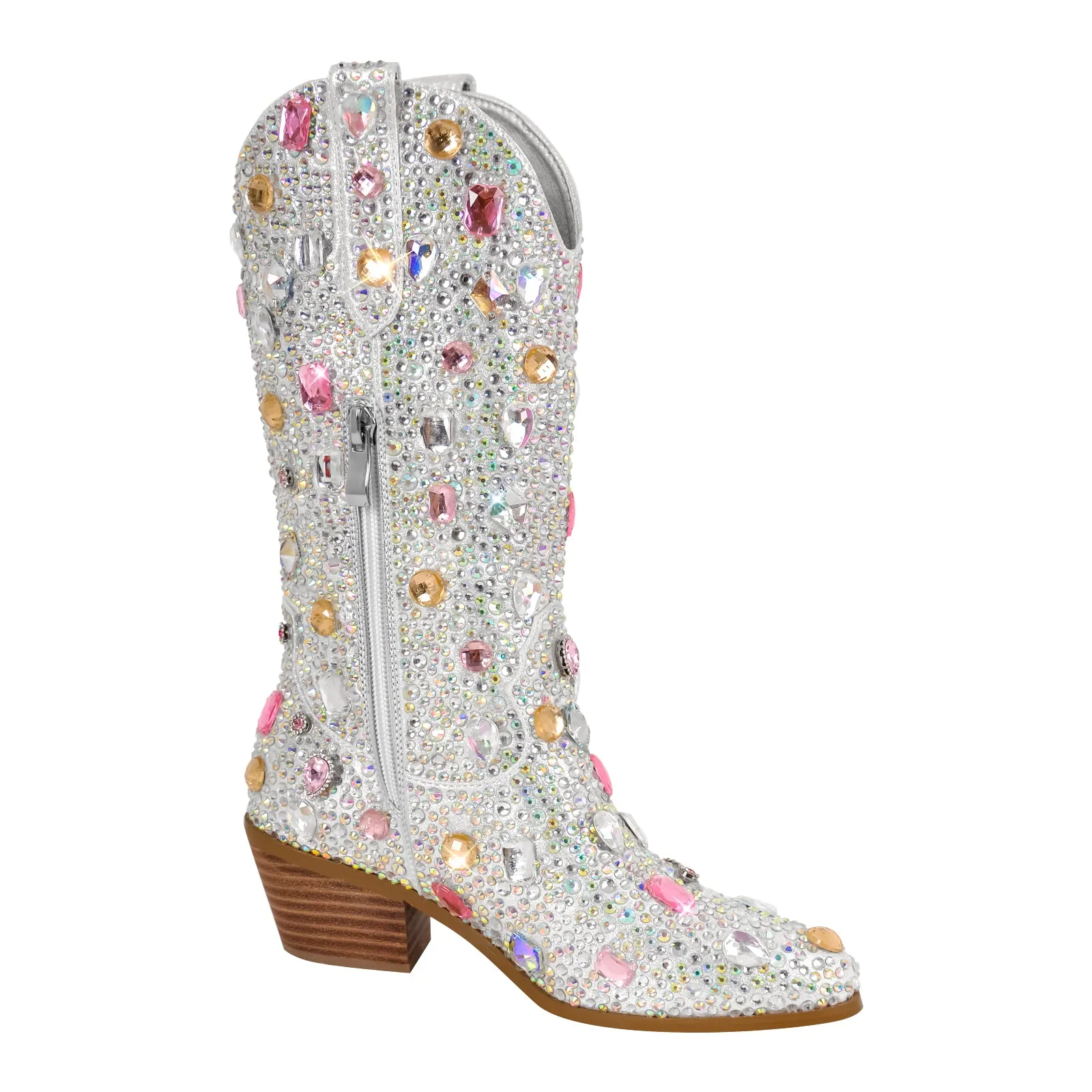 Multi-colored Rhinestone Mid-calf Western Boots