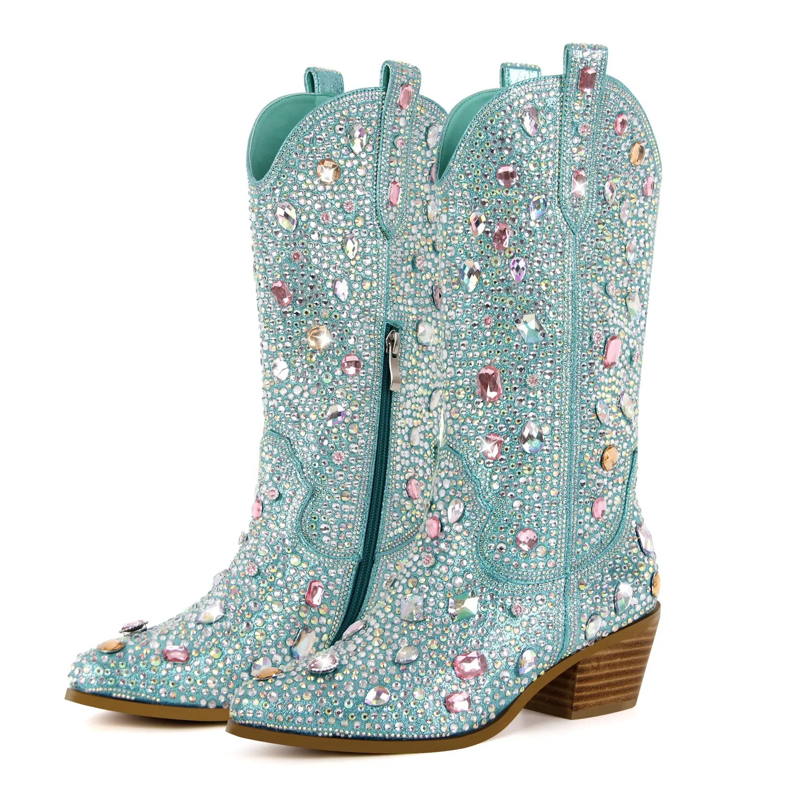 Multi-colored Rhinestone Mid-calf Western Boots