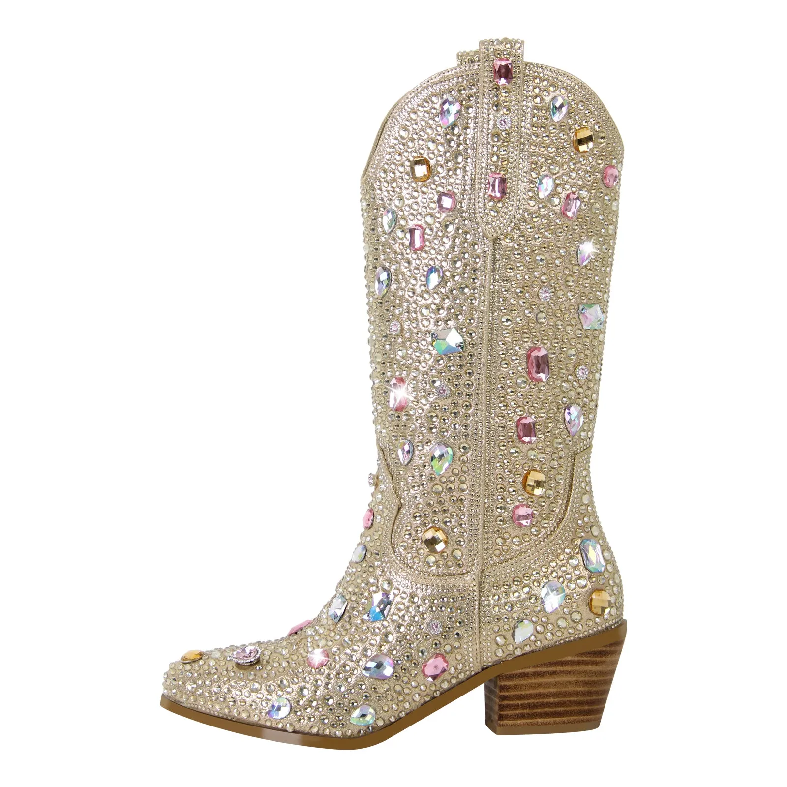 Multi-colored Rhinestone Mid-calf Western Boots
