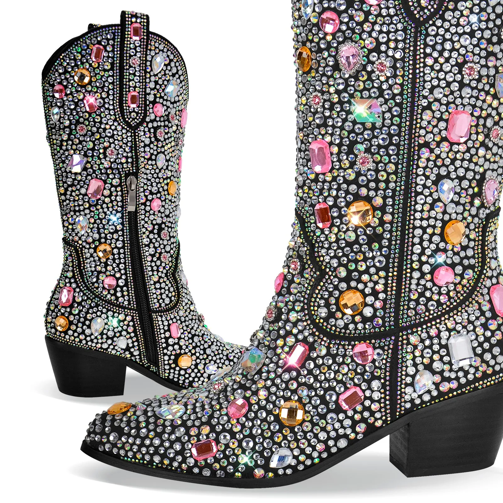 Multi-colored Rhinestone Mid-calf Western Boots