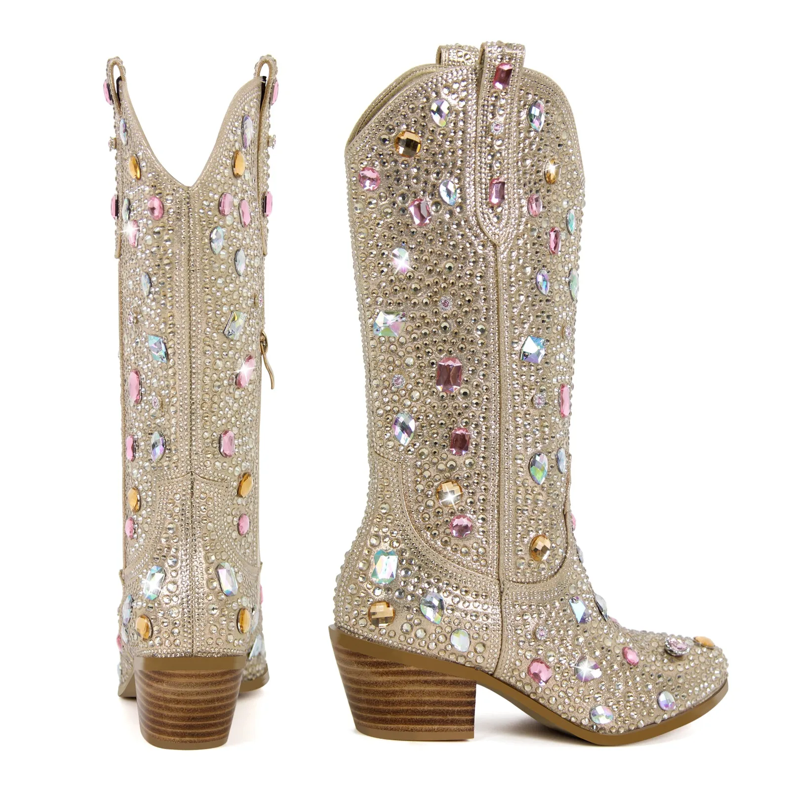 Multi-colored Rhinestone Mid-calf Western Boots
