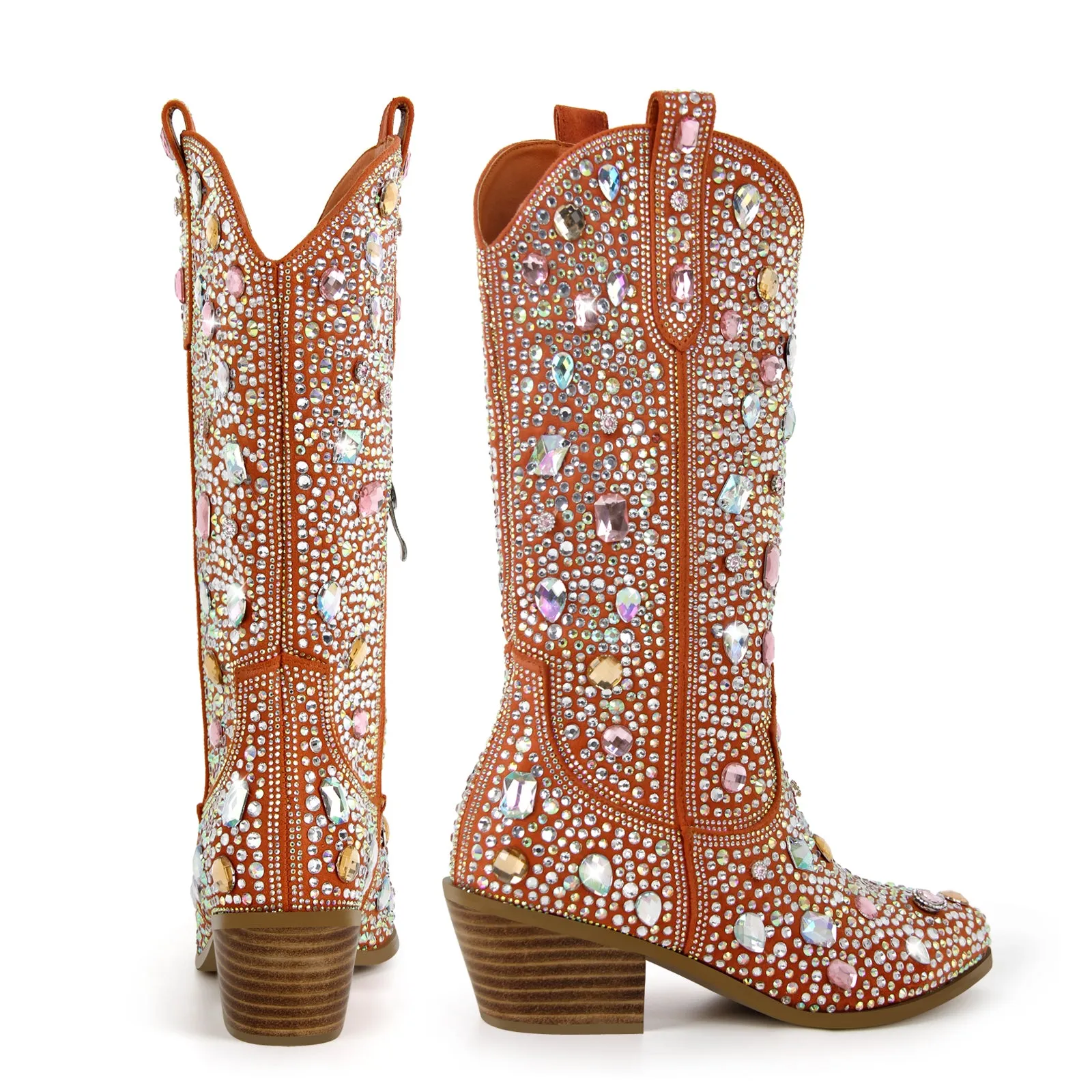 Multi-colored Rhinestone Mid-calf Western Boots