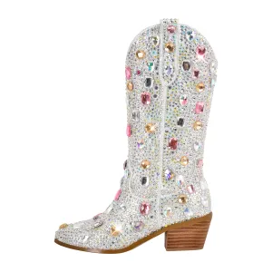 Multi-colored Rhinestone Mid-calf Western Boots