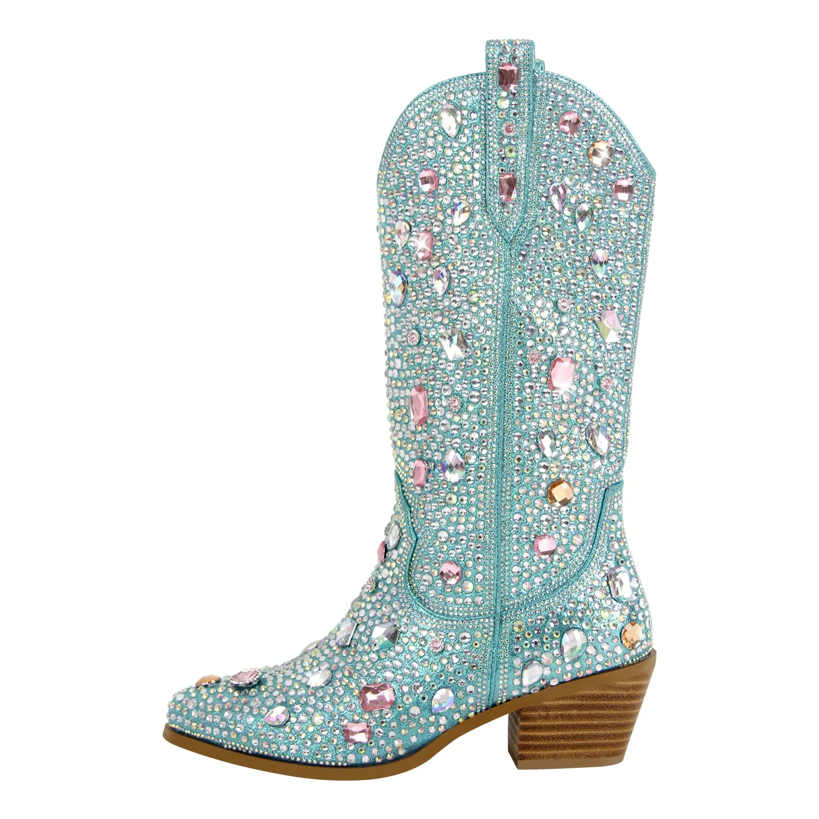 Multi-colored Rhinestone Mid-calf Western Boots