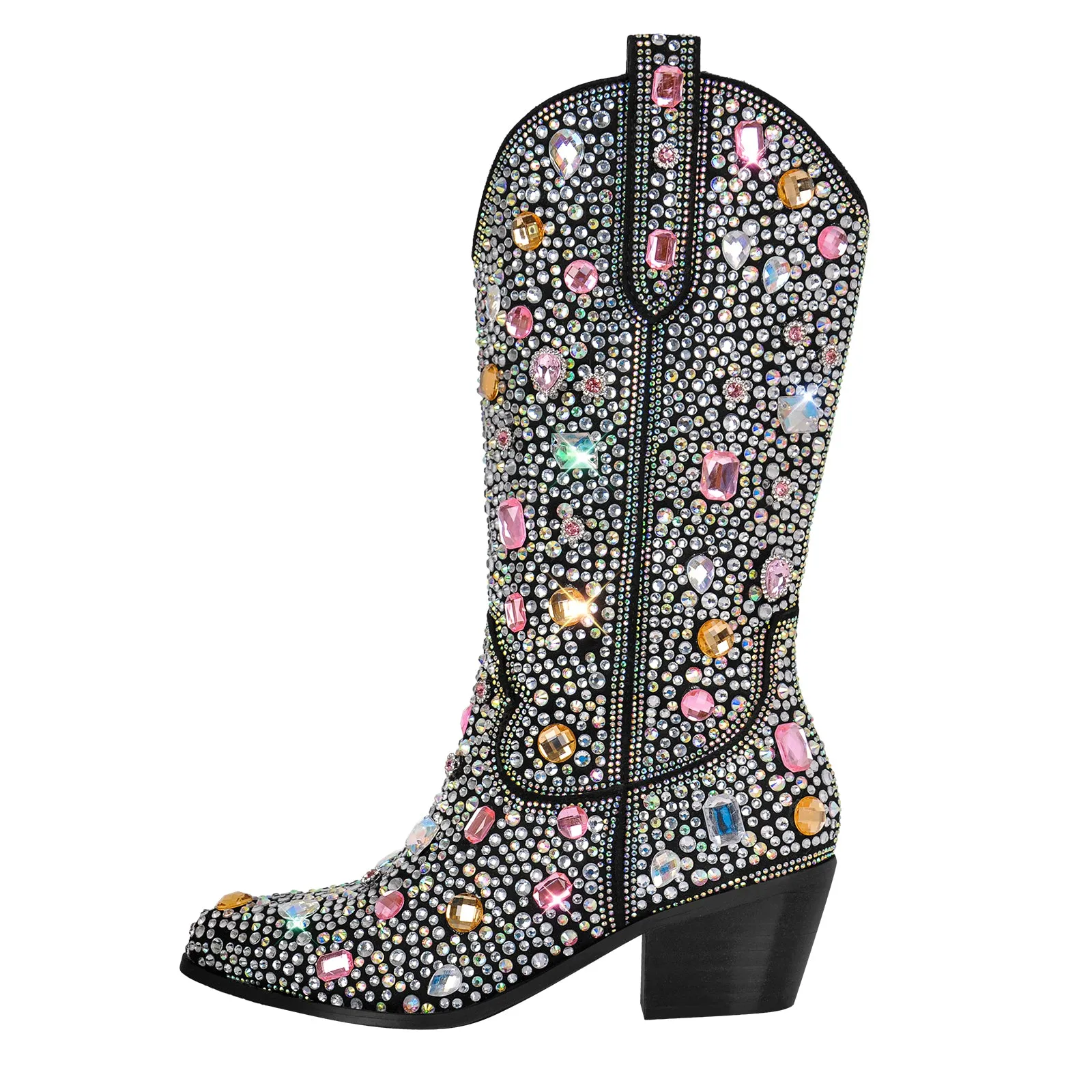 Multi-colored Rhinestone Mid-calf Western Boots