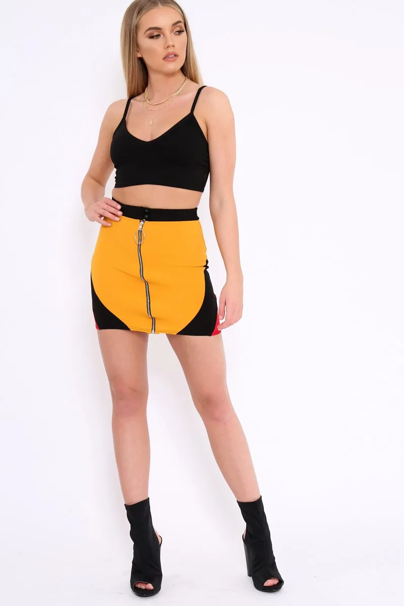 Mustard Black And Red Colour Block Zip Front Mini Skirt and Bralet Co-ord - Kacey