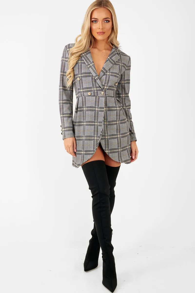 Mustard Black Check Wrap Blazer Dress - Emry