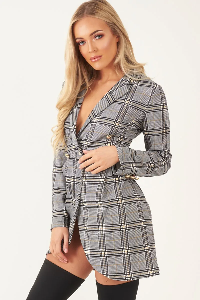 Mustard Black Check Wrap Blazer Dress - Emry