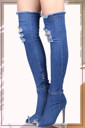 Over The Knee Blue Denim Boots