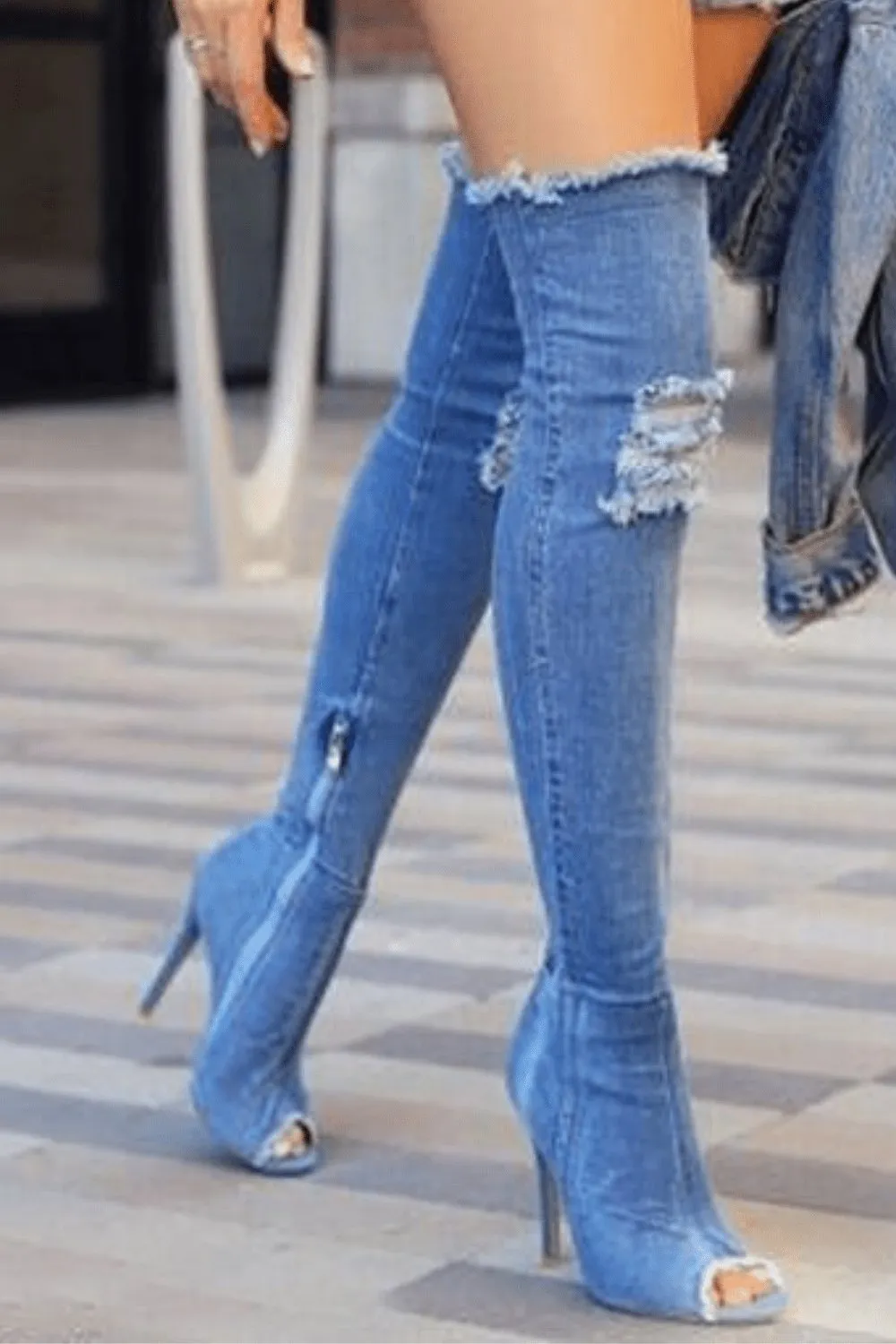 Over The Knee Blue Denim Boots