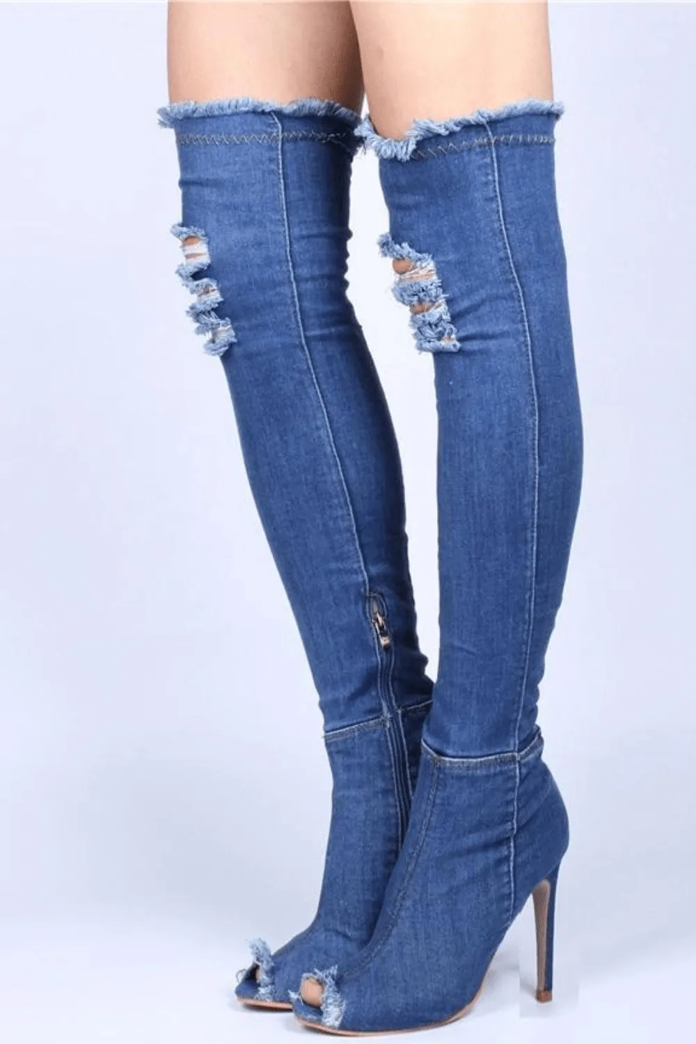 Over The Knee Blue Denim Boots