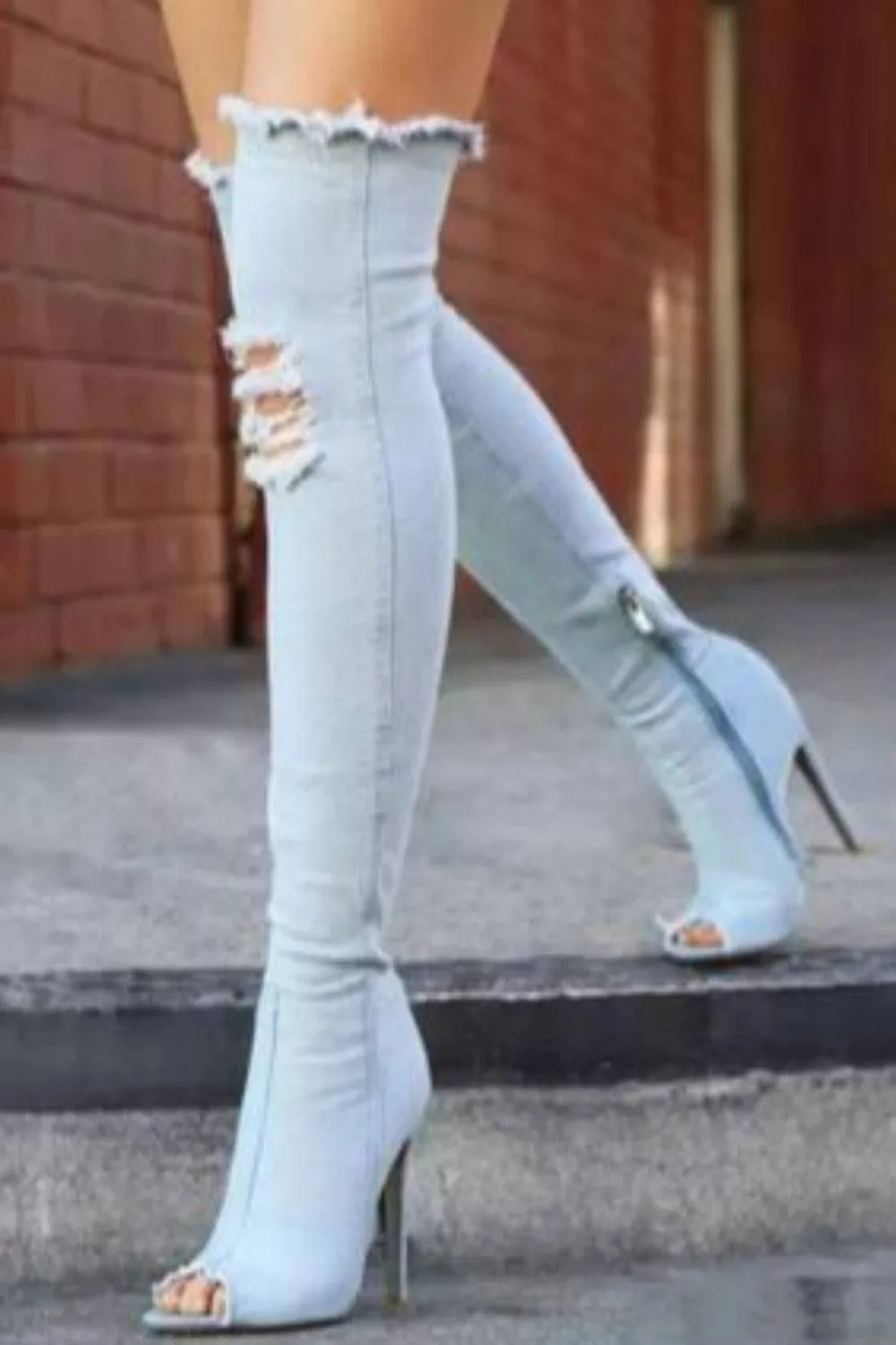 Over The Knee Denim Boots - Sky Blue