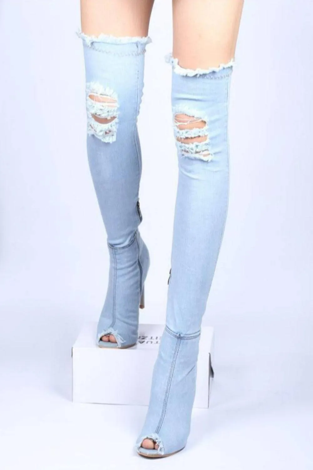 Over The Knee Denim Boots - Sky Blue