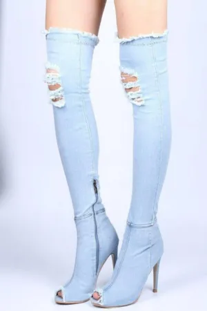 Over The Knee Denim Boots - Sky Blue