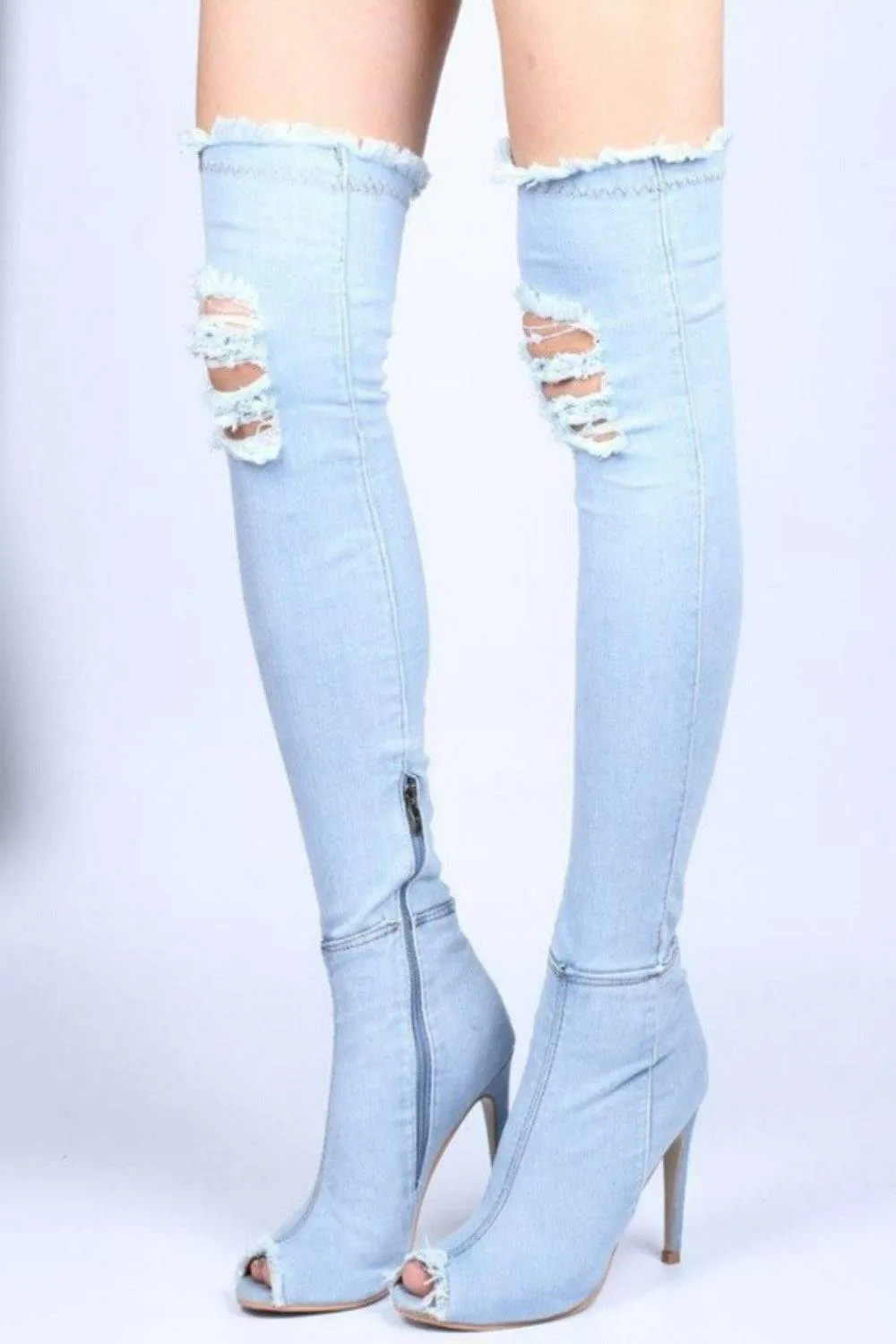 Over The Knee Denim Boots - Sky Blue