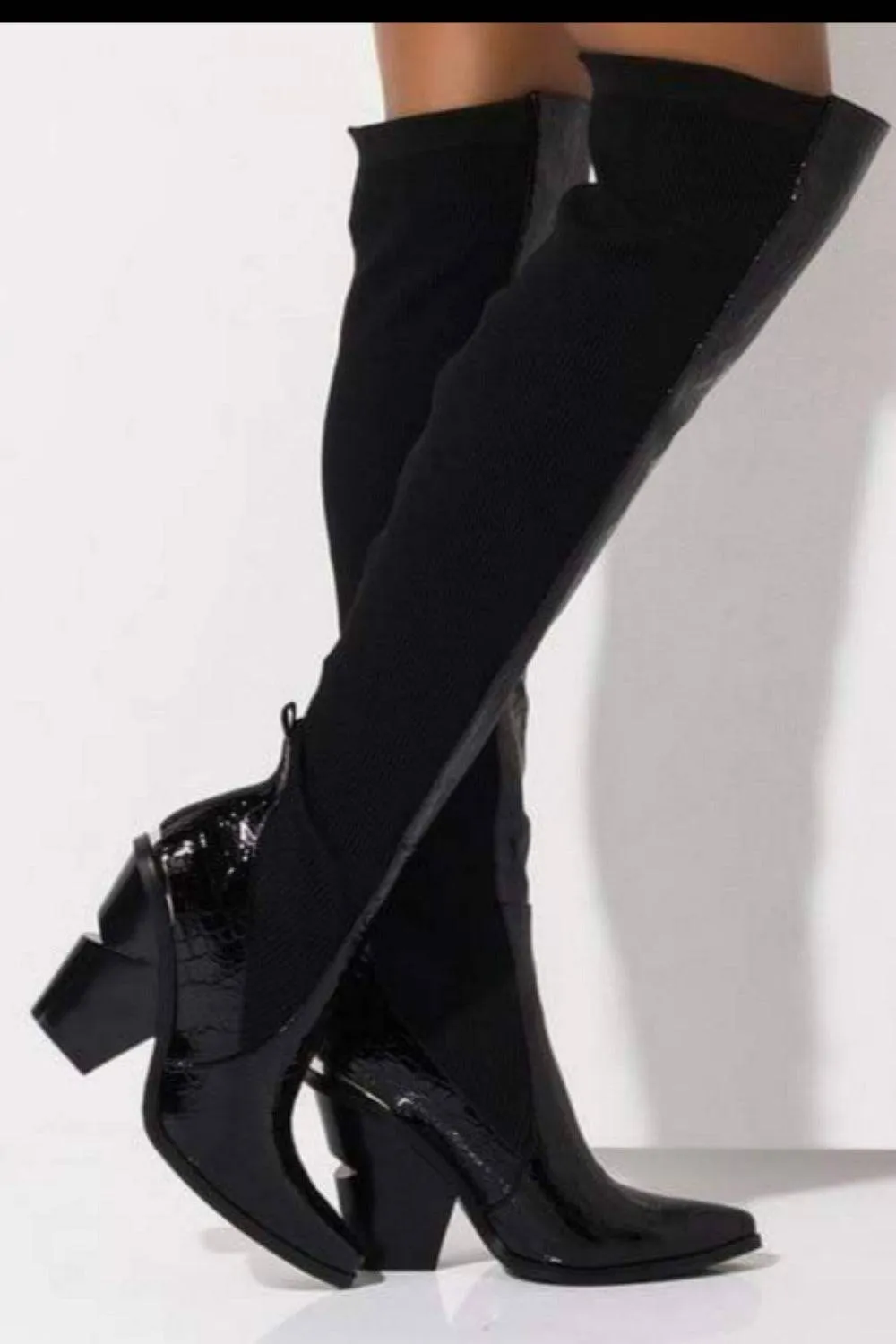 Over The Knee Stretch High Heel Boots - Black