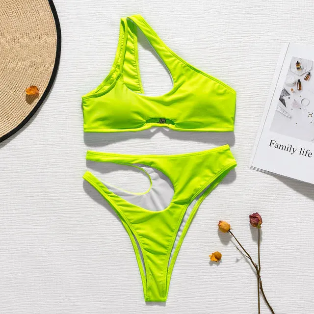 Peachtan Solid black bikini set 2020 One shoulder swimwear women Hollow out swimsuit women High cut bathing suit Summer bathers
