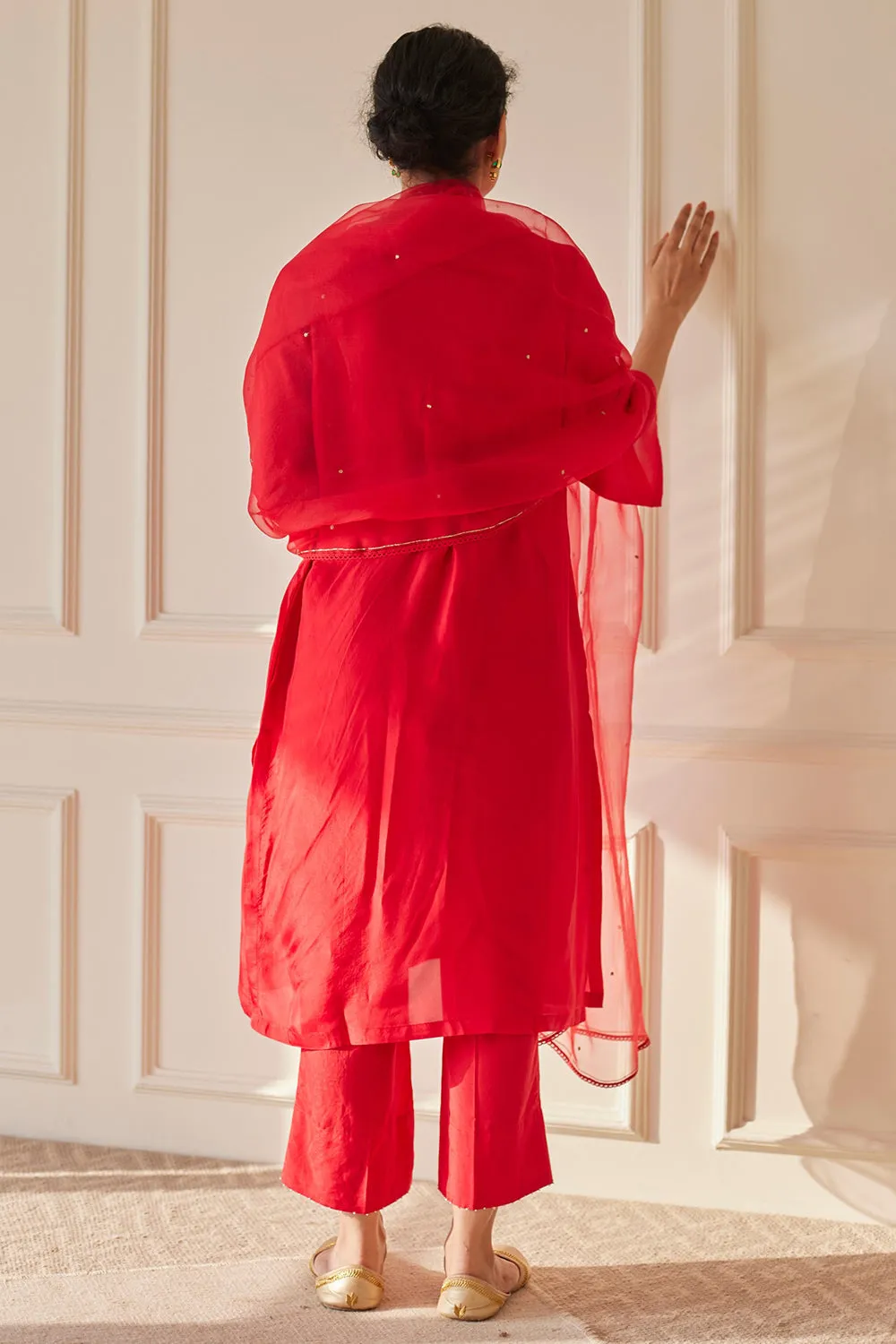Pearl Embellished Scarlet Red Habutai Silk Kurta Set