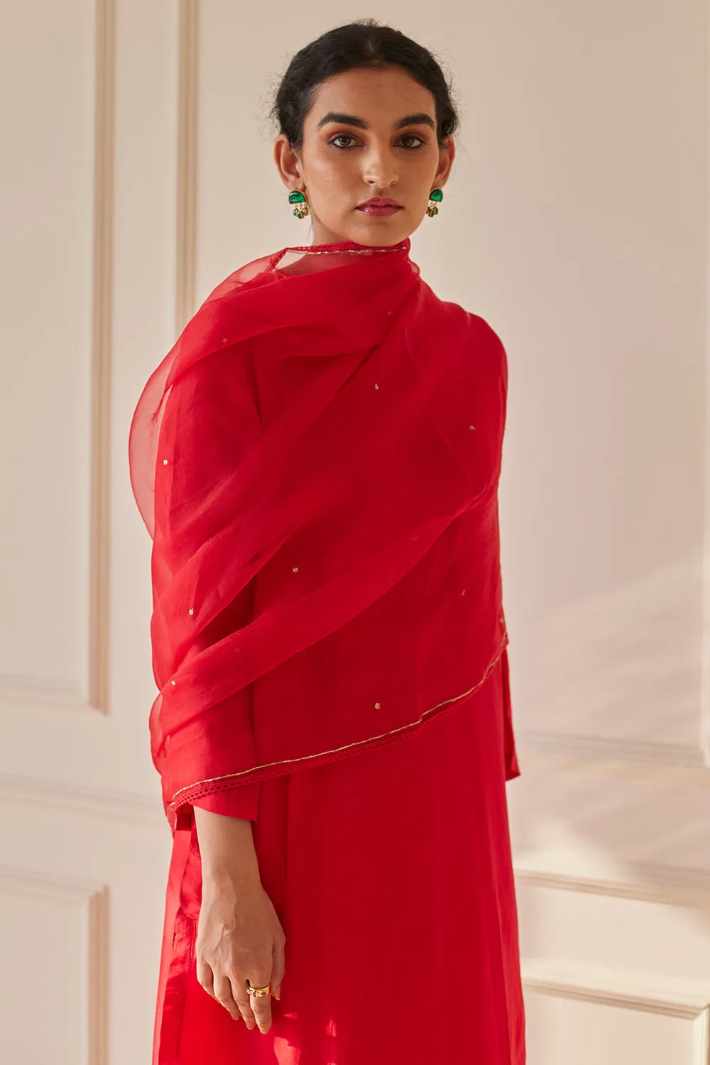 Pearl Embellished Scarlet Red Habutai Silk Kurta Set