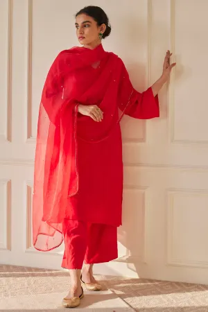 Pearl Embellished Scarlet Red Habutai Silk Kurta Set