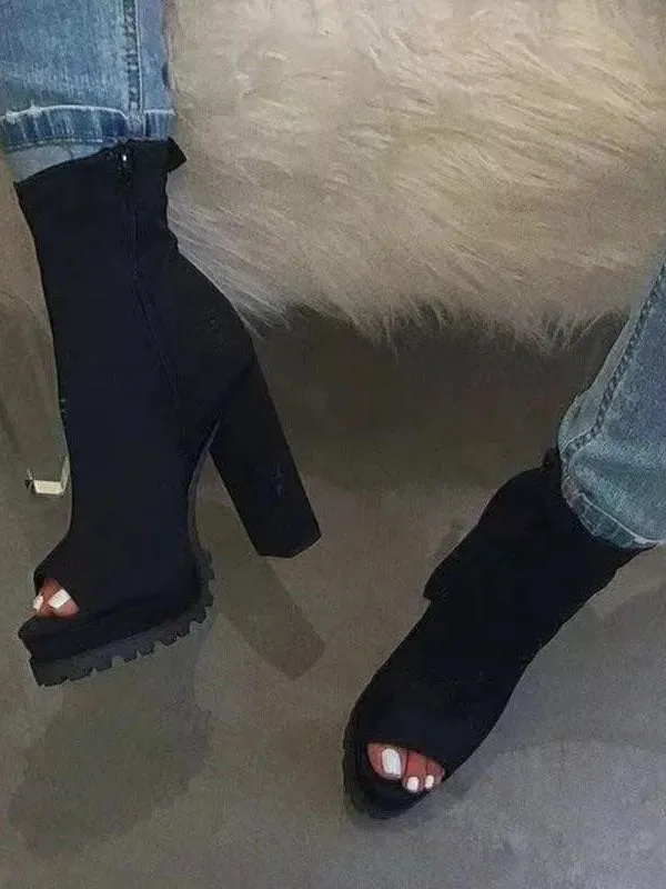 Peep Toe Side Zipper Chunky Heel Boots
