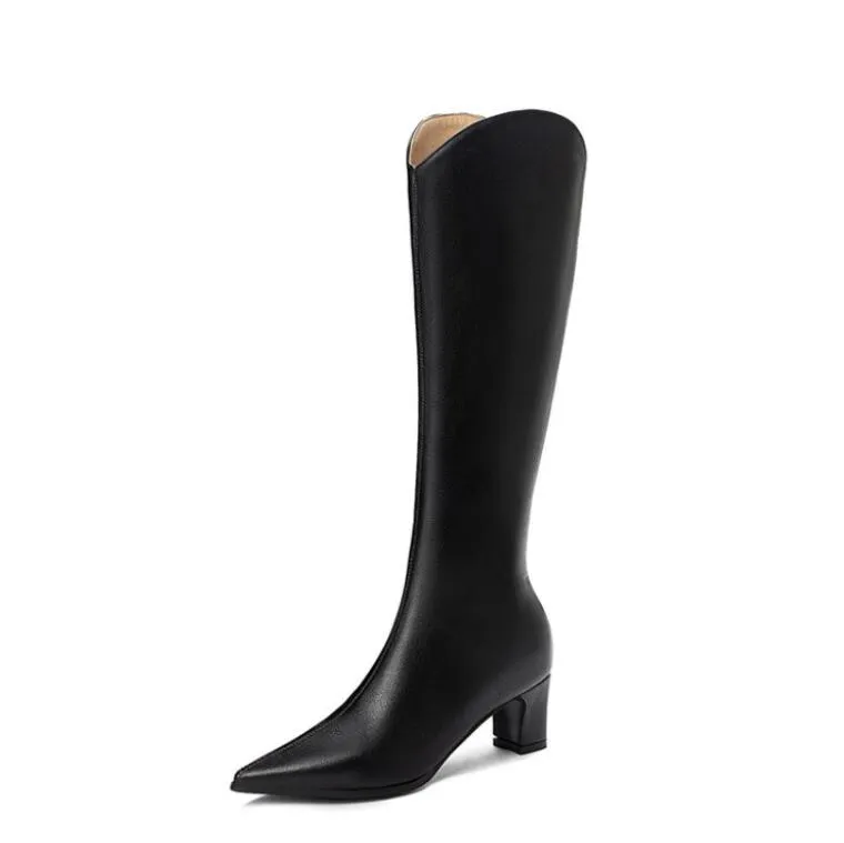 Petite Feet Pointy Chunky Mid Heel Long Boots MS210