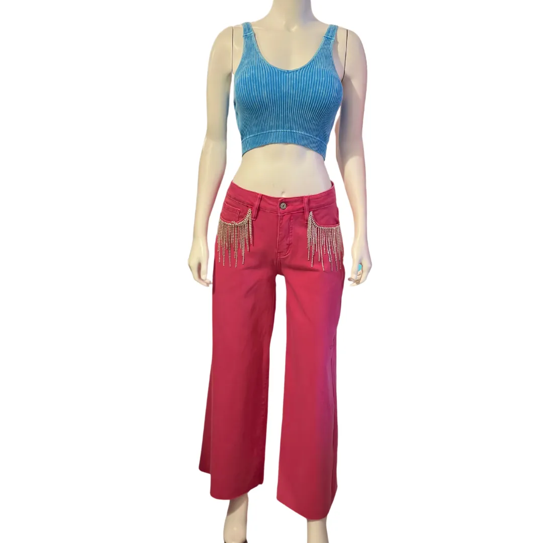 Pink Tummy Control Rhinestone Fringe Cropped Wide Leg Jeans