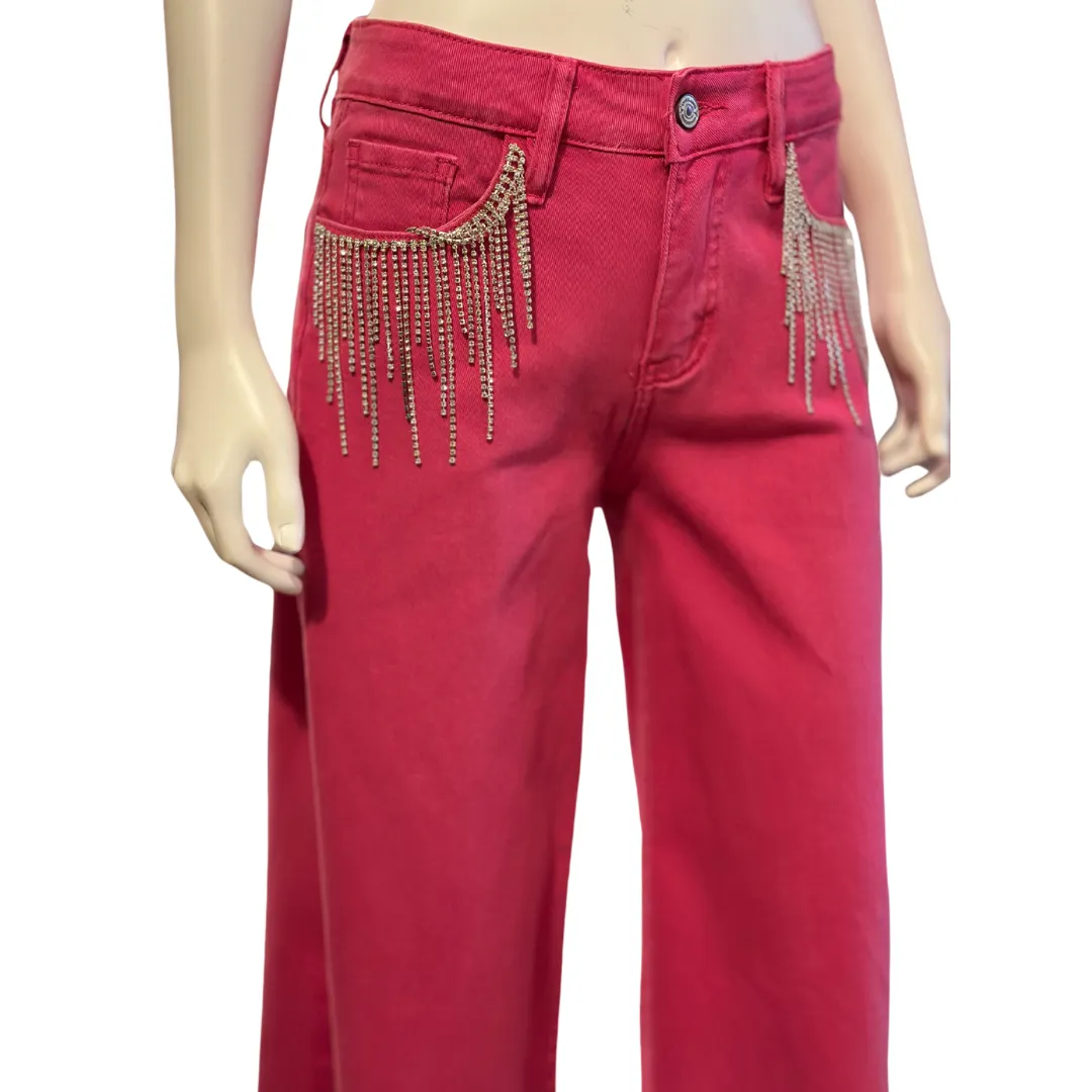 Pink Tummy Control Rhinestone Fringe Cropped Wide Leg Jeans