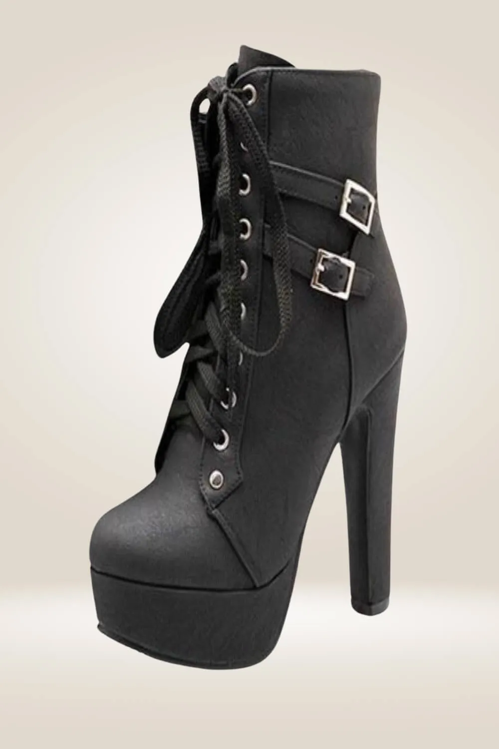 Platform Lace Up Ankle Biker Boots -Black