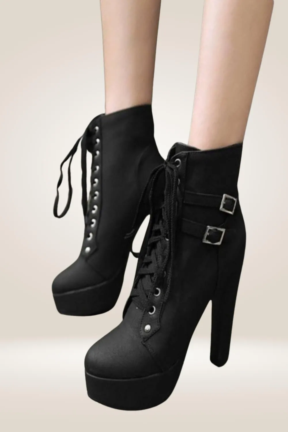 Platform Lace Up Ankle Biker Boots -Black