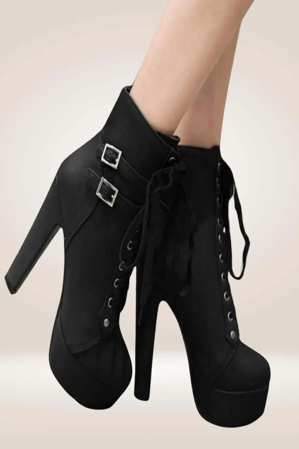 Platform Lace Up Ankle Biker Boots -Black