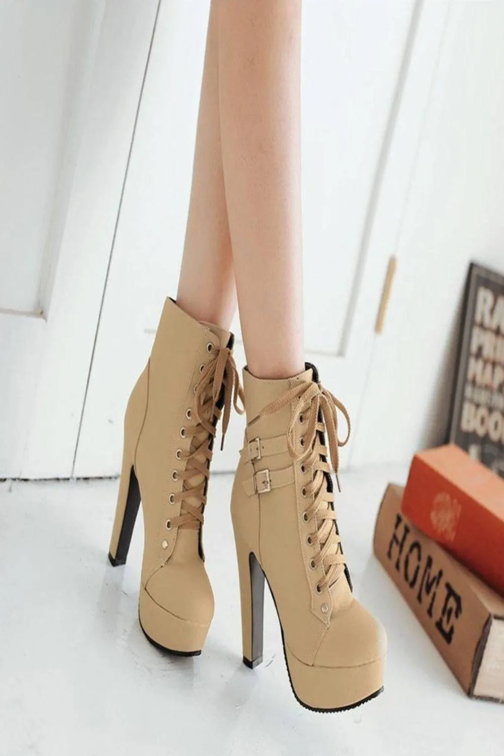 Platform Lace Up Biker Boots - Nude