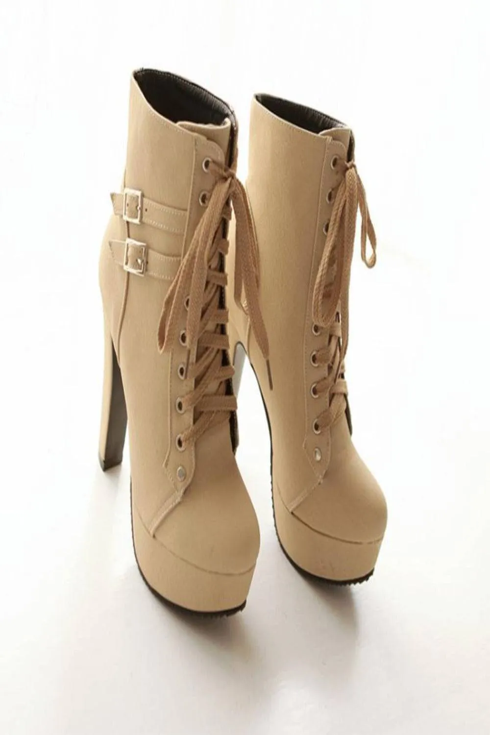 Platform Lace Up Biker Boots - Nude