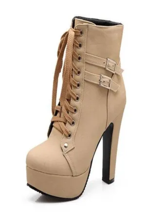 Platform Lace Up Biker Boots - Nude