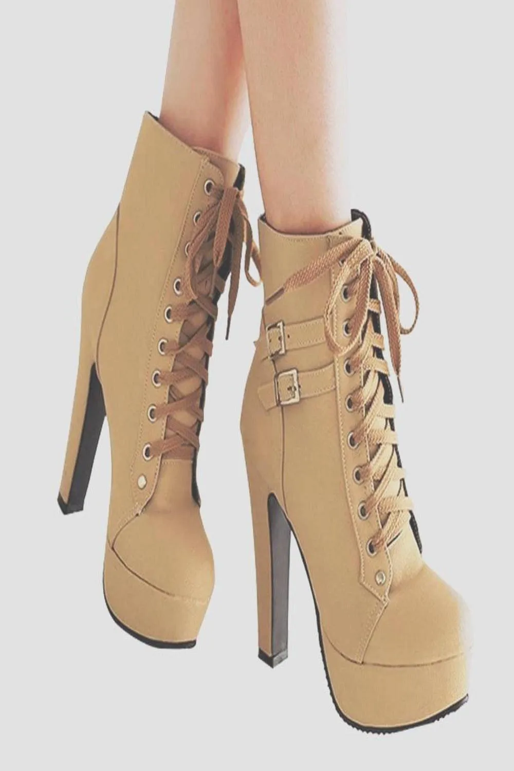 Platform Lace Up Biker Boots - Nude