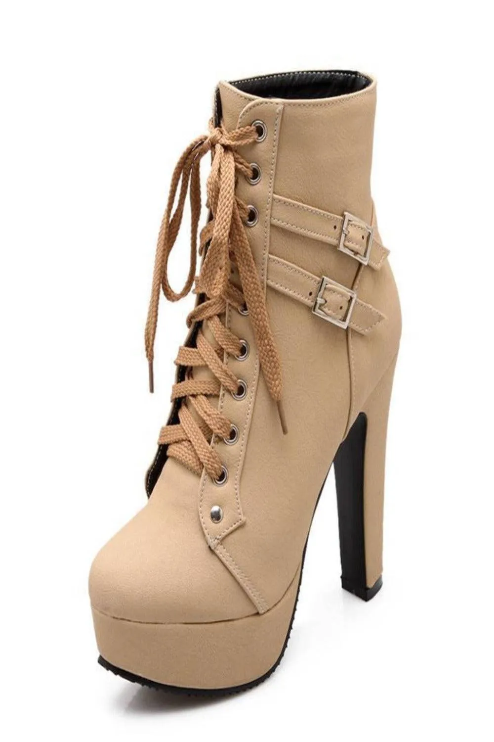 Platform Lace Up Biker Boots - Nude