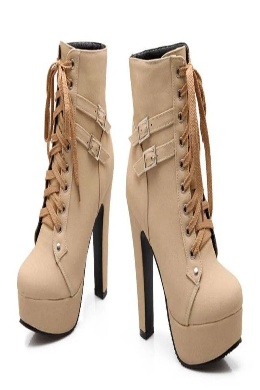Platform Lace Up Biker Boots - Nude