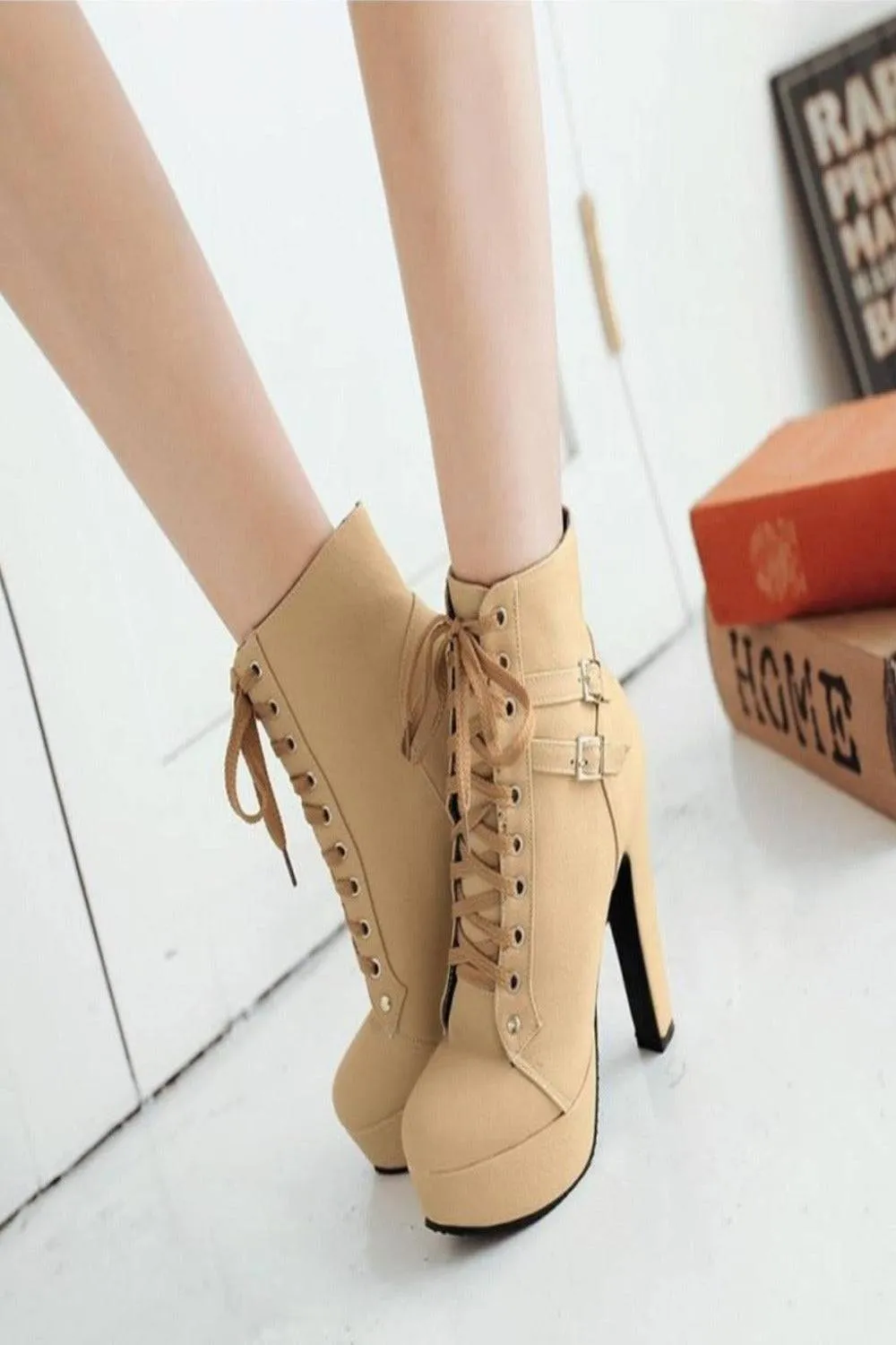 Platform Lace Up Biker Boots - Nude