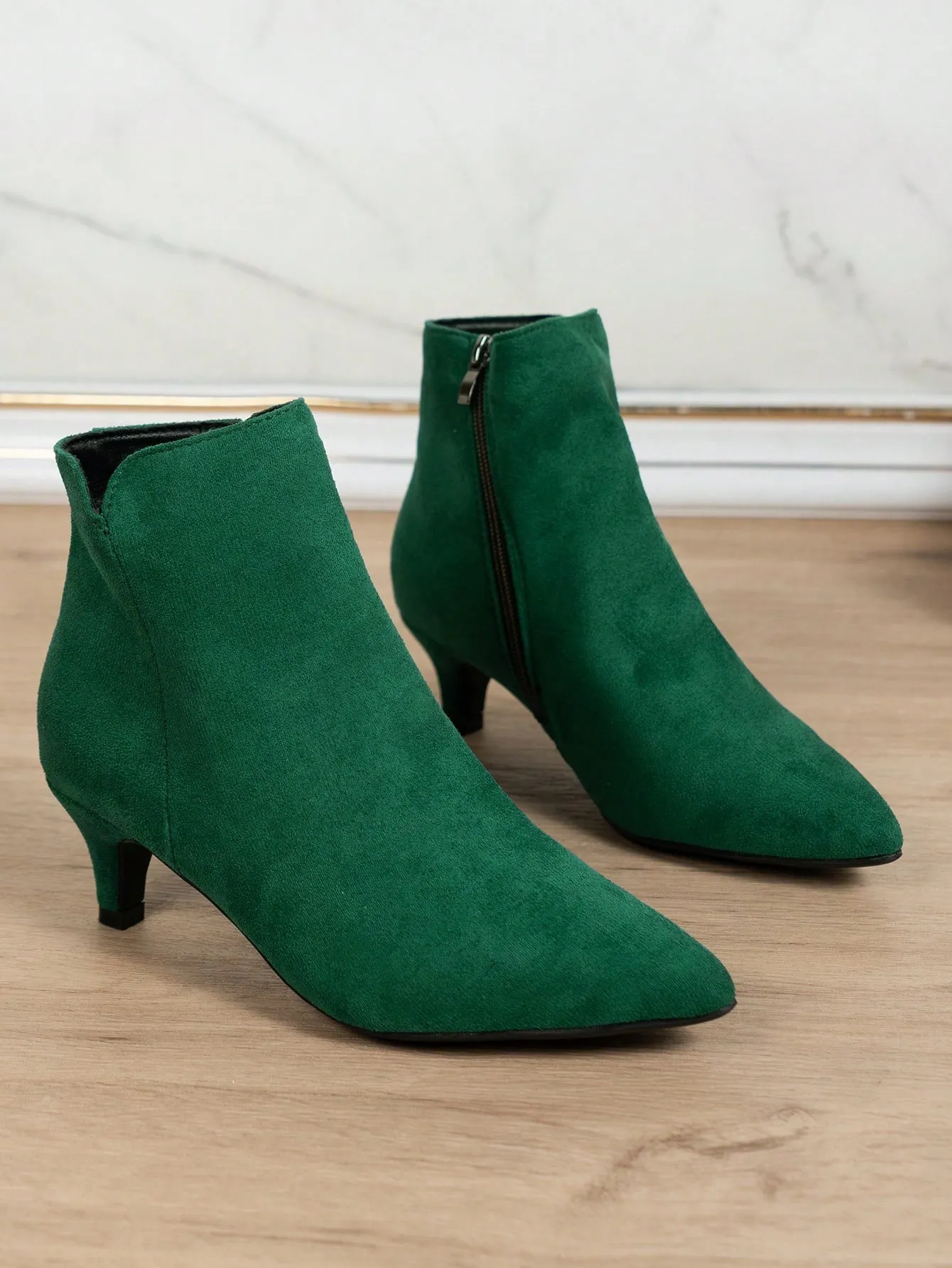 Pointed Toe Block Heel Boots With Side Zipper - Green- FD ⚡