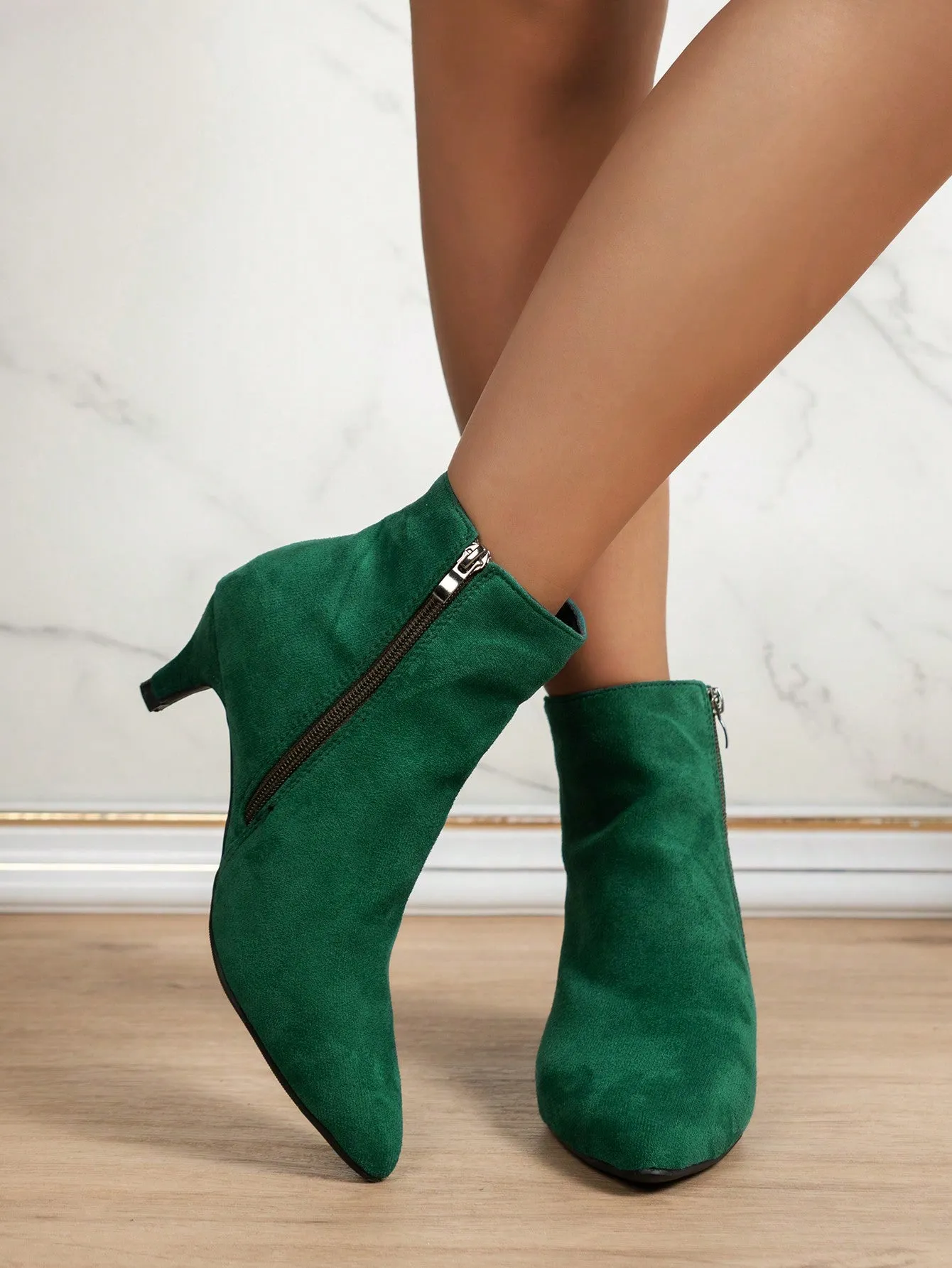 Pointed Toe Block Heel Boots With Side Zipper - Green- FD ⚡