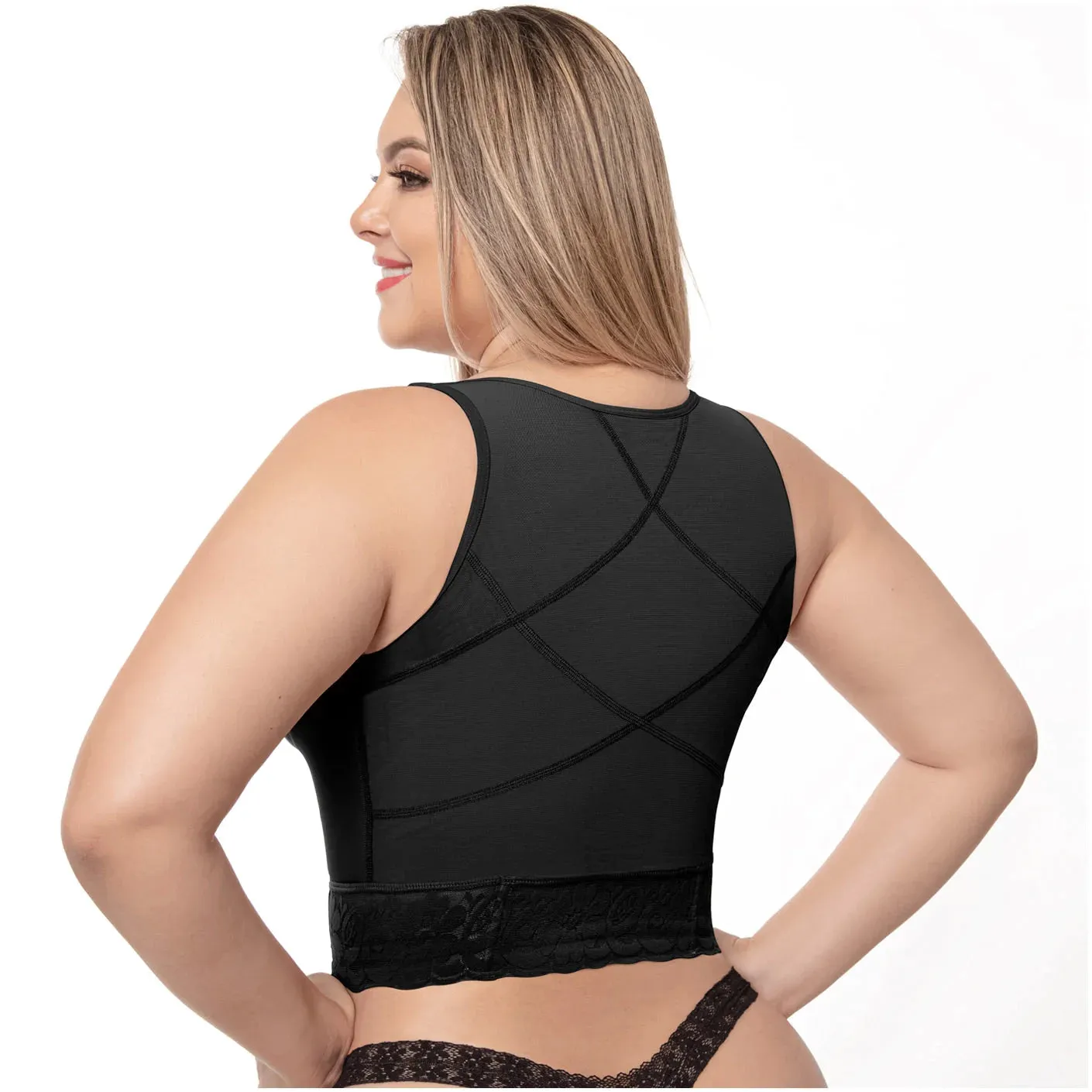 Post-surgical bra with 3 row hook and eye front closure
