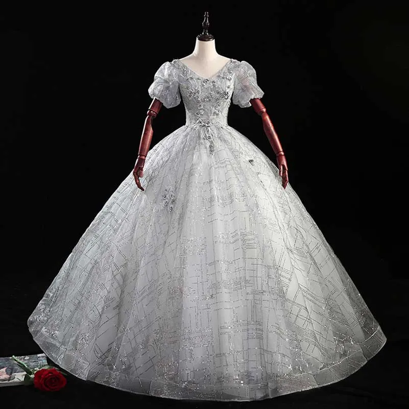 Puffed Sleeve Silver Sparkle Tulle Ball Gown Dress
