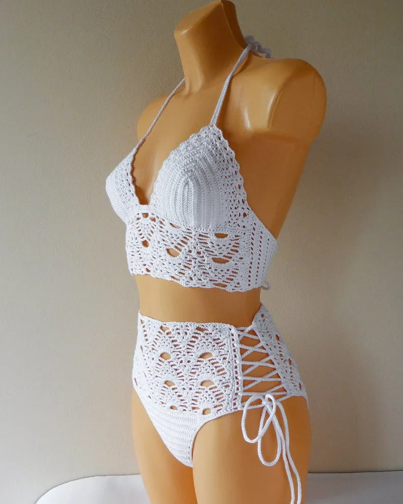 Rambutan Lace High Waisted Crochet Swimsuit