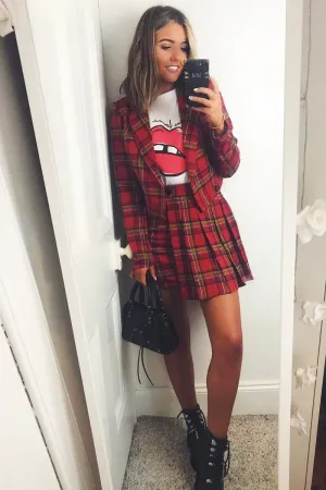 Red Tartan Crop Blazer Pleated Skirt Co-Ord - Holly